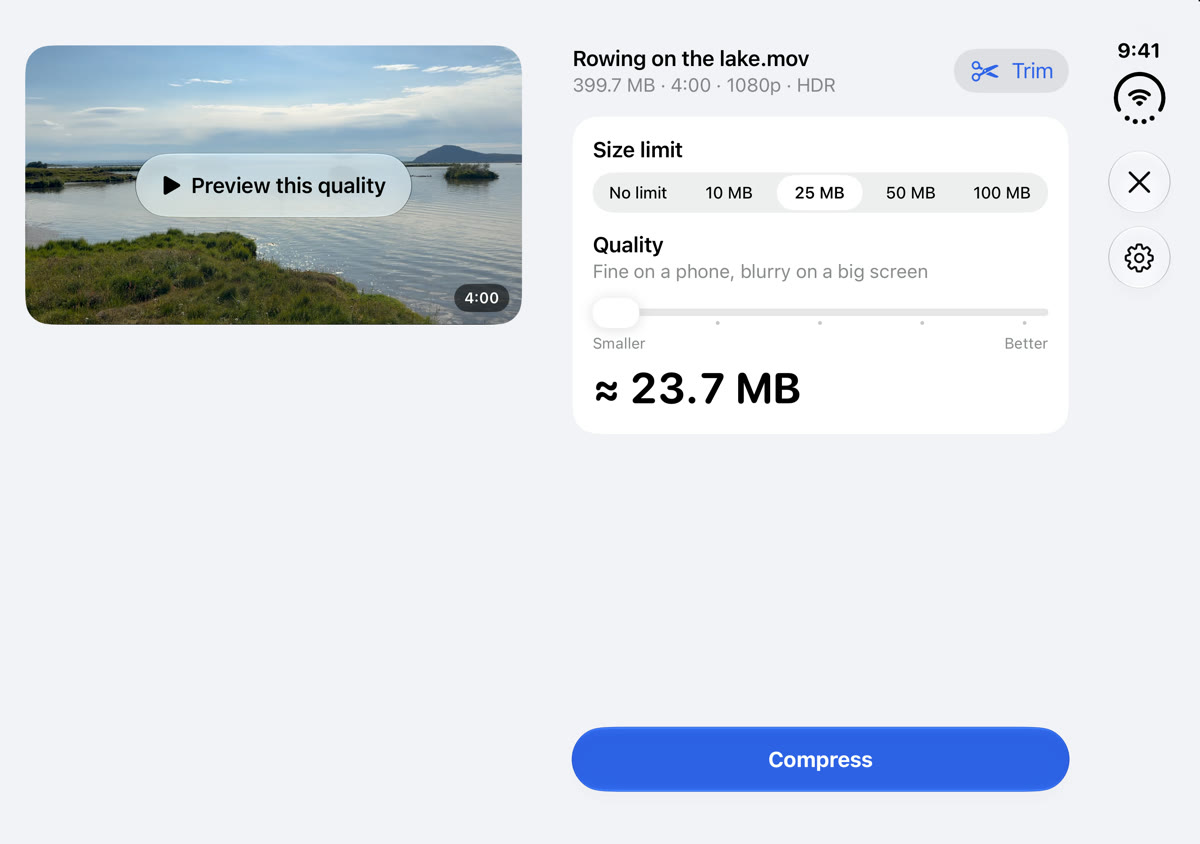 Minnka on the open iPhone Duo: the video on the left, the size limit and estimate on the right
