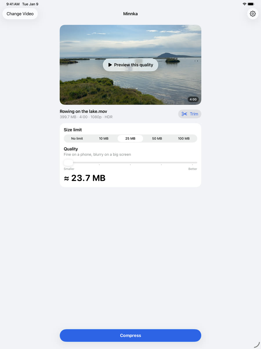 Minnka on iPad with the 25 MB limit selected