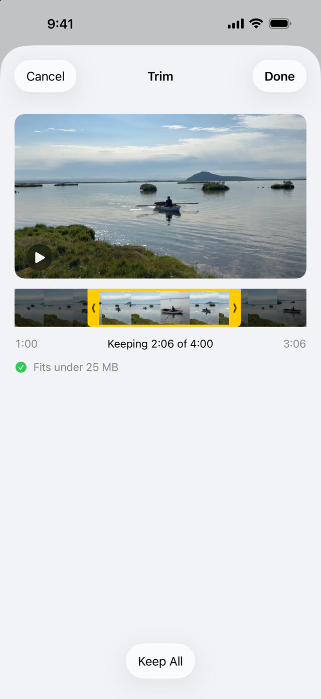The trim sheet keeping 2:05 of a 4-minute video, with yellow handles on a filmstrip. It says: Fits under 25 MB.